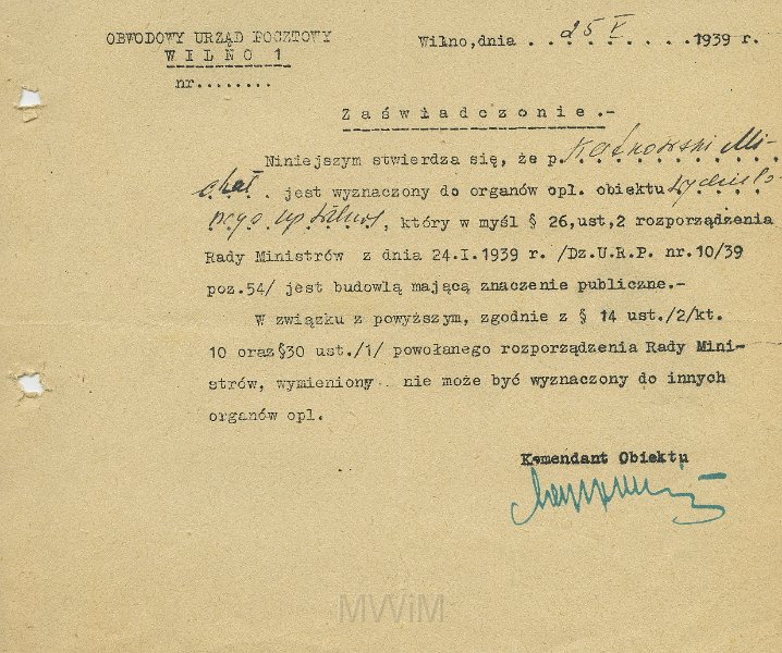 KKE 5592.jpg - Dok. Zaświadczenie z Obwodowego Urzędu Pocztowego w Wilnie dla Michała Katkowskiego stwierdzające miejsce pracy, Wilno, 25 V 1939 r.